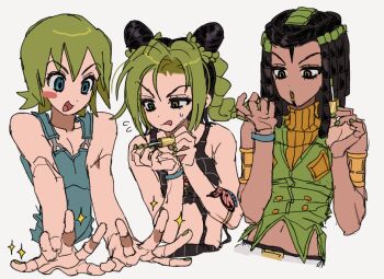 3girls :d :o :p applying_manicure aqua_overalls armlet bare_shoulders belt black_hair black_tank_top braid braided_ponytail brown_eyes bun_with_braided_base butterfly_tattoo cone_hair_bun crop_top cropped_sweater dark-skinned_female dark_skin double_bun dreadlocks ermes_costello eyelashes flying_sweatdrops foo_fighters_(jojo) fu_r_y gold_armlet green_hair green_lips green_nails green_vest hair_bun jojo_no_kimyou_na_bouken kuujou_jolyne looking_at_hands midriff multiple_girls nail_polish nail_polish_brush navel open_mouth overalls ribbed_sweater sketch smile sparkle spider_web_print stone_ocean sweatdrop sweater tank_top tattoo tongue tongue_out turtleneck turtleneck_sweater upper_body vest white_background white_belt yellow_sweater