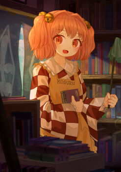 Rule 34 | 1girl, absurdres, apron, bell, book, bookshelf, checkered clothes, checkered kimono, clothes writing, commentary, commentary request, duster, ekaapetto, english commentary, hair bell, hair ornament, highres, holding, holding book, holding duster, japanese clothes, jingle bell, kimono, long sleeves, looking at viewer, making-of available, mixed-language commentary, motoori kosuzu, open mouth, orange eyes, orange hair, paid reward available, scroll, smile, solo, touhou, two side up, wide sleeves, yellow apron