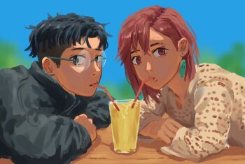 1boy 1girl absurdres ayase_momo black_hair black_jacket blurry blurry_background bob_cut brown_eyes brown_hair casual commentary crossed_arms cup dandadan drink drinking drinking_glass drinking_straw drinking_straw_in_mouth earrings elbows_on_table english_commentary eyebrow_cut foliage gakuran glasses hair_between_eyes highres jacket jewelry knit_sweater leaning_forward looking_at_viewer looking_to_the_side medium_hair messy_hair mixed-language_commentary outdoors pendant_earring pluvion pursed_lips rimless_eyewear round_eyewear school_uniform shared_drink sweater table takakura_ken_(dandadan) undercut wavy_hair white_sweater