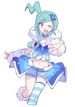 Rule 34 | 1girl, arm warmers, blue choker, blush, choker, cropped shirt, earrings, eyelashes, green eyes, green hair, hair ornament, highres, jewelry, lisia (pokemon), long hair, looking at viewer, midriff, navel, nintendo, one eye closed, open mouth, outstretched arm, overskirt, pokemon, pokemon oras, reaching, reaching towards viewer, shocho (shaojiujiu), shorts, shorts under skirt, sidelocks, single thighhigh, smile, solo, striped clothes, striped thighhighs, thighhighs, white shorts