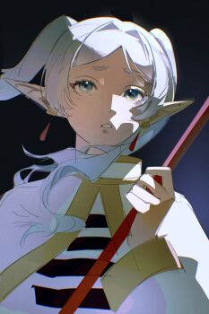 1girl absurdres blue_eyes capelet earrings elf frieren gold_trim gradient_background grey_hair highres holding holding_staff ikachyu jacket jewelry long_hair parted_bangs parted_lips pointy_ears shirt sketch solo sousou_no_frieren staff striped_clothes striped_shirt twintails upper_body white_capelet white_jacket