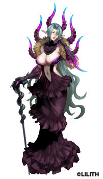 1girl absurdres black_dress breasts cane cleavage copyright_notice demon_girl demon_horns dress earrings ereshkigal_(taimanin_rpgx) fingernails full_body fur_trim green_hair hair_over_one_eye hanekura_bou highres holding holding_cane horns jewelry large_breasts long_fingernails long_hair navel official_art orange_eyes pink_nails pointy_ears simple_background solo taimanin_(series) taimanin_rpgx white_background