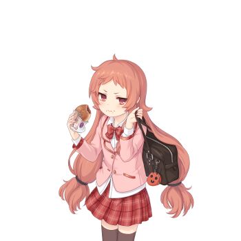 Rule 34 | 1girl, bag, black thighhighs, eating, food, food on face, holding, holding food, jacket, long hair, looking at viewer, low-tied long hair, official art, pink hair, pink jacket, plaid clothes, plaid skirt, pleated skirt, princess connect!, red ribbon, red skirt, ribbon, rin (princess connect!), rin (real) (princess connect!), school bag, school uniform, shoulder bag, skirt, tachi-e, thighhighs, transparent background