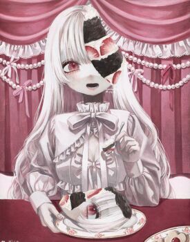 1girl breasts cake cake_slice candy_gore cleavage commentary_request curtains food fork frills gem highres holding holding_fork illusion_cake long_sleeves lower_teeth_only monou_pico neck_ribbon open_mouth original pearl_(gemstone) plate pleated_collar red_eyes ribbon solo teeth twitter_username upper_body white_hair