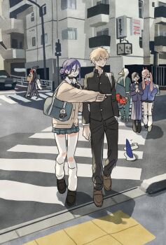 3girls 5boys angel_devil_(chainsaw_man) angel_wings bag bag_charm beak beam_(chainsaw_man) black_choker black_hair black_jacket black_pants black_ribbon black_shoes black_skirt black_suit blonde_hair blue_jacket bomb_devil_(chainsaw_man) bow bowtie brown_hair brown_shoes brown_sweater chainsaw_man character_doll charm_(object) choker city closed_eyes closed_mouth couple crosswalk demon_girl denji_(chainsaw_man) doll formal_clothes full_body gakuran green_eyes grey_pants hair_between_eyes hair_bun hand_in_pocket hayakawa_aki hetero higashiyama_kobeni highres holding_another&#039;s_arm hood hood_up horns jacket loafers long_skirt loose_socks medium_hair multiple_boys multiple_girls neck_ribbon open_mouth outdoors own_hands_together pants parted_lips plaid_clothes plaid_skirt pleated_skirt pochita_(chainsaw_man) pointing ponytail power_(chainsaw_man) purple_hair red_bow red_bowtie red_eyes red_hair red_horns reze_(chainsaw_man) ribbon school_uniform shark_fin shirt shirt_under_sweater shoes short_hair short_ponytail shoulder_bag skirt smile socks suit suit_jacket sweater takeuchi_ryousuke teeth twintails updo violence_fiend_(chainsaw_man) walking white_shirt wings