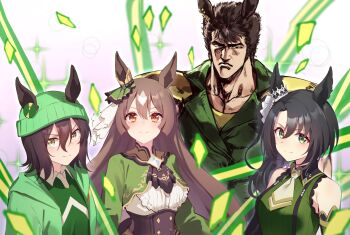 Rule 34 | 1boy, 3girls, absurdres, animal ears, ascot, bare shoulders, beanie, black hair, braid, brown ascot, brown eyes, brown hair, corset, cropped jacket, ear ornament, ears through headwear, frilled shirt, frilled sleeves, frills, green eyes, green headwear, green jacket, green shirt, green sweater, hair between eyes, half up braid, half updo, hara tetsuo (style), hat, highres, hokuto no ken, horse ears, horse girl, jacket, kenshiro, long hair, long sleeves, looking at viewer, manly, motsunabe (mo2nap3), multicolored hair, multiple girls, muscular, necktie, parody, ribbed sweater, satono crown (umamusume), satono diamond (umamusume), shirt, short hair, side ponytail, sleeveless, sleeveless sweater, sleeves past fingers, sleeves past wrists, streaked hair, sweater, umamusume, umamusume (anime), underbust, white hair, white shirt, yellow eyes