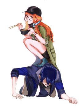 1boy 1girl ace4_2 all_fours baseball_cap bike_shorts black_hat black_shorts blue_hair blue_jacket blue_shoes blunt_bangs bowl bracelet brown-framed_eyewear brown_eyes brown_pants chopsticks clenched_hand coat commentary eating english_commentary food from_side full_body girl_on_top glasses green_coat hands_on_ground hat headphones headphones_around_neck highres holding holding_bowl holding_chopsticks holding_food jacket jewelry kitagawa_yuusuke long_hair looking_at_viewer looking_back noodles open_mouth orange_hair orange_shirt pants parted_bangs persona persona_5 persona_5_scramble:_the_phantom_strikers ramen rectangular_mouth sakura_futaba semi-rimless_eyewear shaded_face shirt shoes short_hair shorts sidelocks simple_background sleeves_rolled_up squatting sweat teeth upper_teeth_only white_background