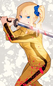 Rule 34 | 1girl, beatrix kiddo, beatrix kiddo (cosplay), blonde hair, blood, blue eyes, breasts, cosplay, empty eyes, fighting stance, hair ornament, hair scrunchie, hayasaka ai, highres, kaguya-sama wa kokurasetai ~tensai-tachi no renai zunousen~, katana, kill bill, looking at viewer, medium breasts, ox guard, ryusei hashida, scrunchie, side ponytail, sidelocks, solo, sword, track suit, weapon