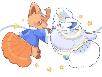 alolan_form alolan_vulpix blue_eyes blush brown_eyes clothed_pokemon commentary_request gen_1_pokemon gen_7_pokemon hat kana_(maple926) nintendo no_humans open_mouth pokemon pokemon_(creature) pokemon_focus ribbon simple_background smile star_(symbol) twitter_username vulpix white_background