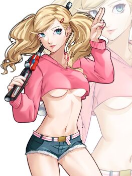 1girl alternate_costume aqua_eyes blonde_hair breasts closed_mouth commentary cowboy_shot cropped_sweater denim denim_shorts english_commentary hair_ornament hairclip hands_up highres holding lips long_hair long_sleeves looking_at_viewer medium_breasts nail_polish navel no_bra persona persona_5 pink_nails pink_sweater short_shorts shorts simple_background solo sweater takamaki_anne twintails underboob wanderstillart white_background zoom_layer