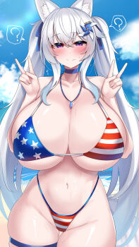 Rule 34 | 1girl, ?, absurdres, american flag, american flag bikini, american flag print, animal ears, bare shoulders, bikini, blush, breasts, double v, flag print, flag print bikini, fox ears, fox tail, hair ornament, highleg, highleg bikini, highres, huge breasts, kutan, long hair, looking at viewer, mizuki (kutan), navel, original, pinwheel hair ornament, print bikini, print swimsuit, purple eyes, smile, solo, spoken question mark, string bikini, swimsuit, tail, thigh strap, twintails, v, white hair