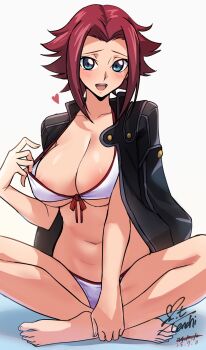 1girl areola_slip barefoot bikini black_jacket blue_eyes breasts cleavage code_geass collarbone commentary_request covered_erect_nipples dated feet flipped_hair front-tie_bikini_top front-tie_top full_body gradient_background hand_on_own_ankle hand_up highres indian_style jacket jacket_on_shoulders kouzuki_kallen large_breasts legs looking_at_viewer navel open_mouth red_hair red_trim round_teeth short_hair signature sitting smile solo swimsuit teeth toes upper_teeth_only white_bikini yoo_tenchi
