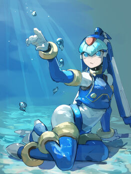1girl air_bubble android blue_eyes blue_helmet bubble fairy_leviathan_(mega_man) fins forehead_jewel full_body head_fins helmet highres mega_man_(series) mega_man_zero_(series) omochi_(mochi_skymega) solo underwater