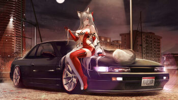 1girl absurdres animal_ears boots breasts building car cat_tail elbow_gloves gloves hair_ribbon highres kcar66t large_breasts leotard moon motor_vehicle night original panties race_queen ribbon star_(sky) tail thigh_boots underwear