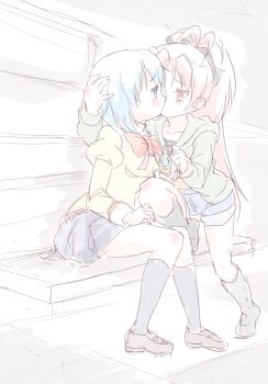 2girls bench black_boots black_bow black_shirt black_skirt black_socks blue_eyes blue_hair blue_shorts boots bow bowtie breasts brown_shoes collarbone collared_shirt commentary_request eye_contact green_jacket grief_seed hair_bow high_collar highres jacket juliet_sleeves kiss loafers long_hair long_sleeves looking_at_another mahou_shoujo_madoka_magica mahou_shoujo_madoka_magica_(anime) miki_sayaka mitakihara_school_uniform multiple_girls plaid_clothes plaid_skirt ponytail puffy_sleeves red_bow red_bowtie red_eyes red_hair sakura_kyoko school_uniform shirt shoes short_hair shorts sitting skirt socks soul_gem sweater tearing_up tears very_long_hair white_shirt yellow_shirt yuri zashikiori