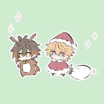 2boys alternate_costume animal_ears antenna_hair antlers bag bell black_boots black_hair blue_eyes blush boots bow bowtie brown_hair buttons chibi chibi_only chiypi christmas coat commentary_request crystal_earrings deer_antlers deer_costume deer_ears earrings fake_animal_ears fake_antlers full_body fur-trimmed_coat fur-trimmed_headwear fur_trim genshin_impact gift_bag gradient_hair green_background hair_between_eyes hat highres holding holding_bag horns jewelry jingle_bell long_hair looking_at_viewer low_ponytail male_focus multicolored_hair multiple_boys no_mouth orange_hair pom_pom_(clothes) ponytail red_bow red_bowtie red_coat red_hat santa_hat short_hair simple_background single_earring snowflakes sparkle standing tartaglia_(genshin_impact) tassel tassel_earrings white_bag yellow_eyes zhongli_(genshin_impact)