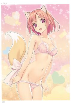 1girl :d absurdres animal_ears arms_at_sides artist_name bare_arms bare_legs bare_shoulders blush bow bra breasts cleavage collarbone cowboy_shot eyes_visible_through_hair female_focus fox_ears fox_tail happy head_tilt heart highres koutaro legs lingerie looking_at_viewer medium_breasts navel neck open_mouth page_number panties panty_pull pink_bow pink_bra pink_hair pink_panties pulling_own_clothes purple_eyes scan short_hair smile solo standing stomach tail tail_bow tail_ornament toranoana underwear underwear_only undressing