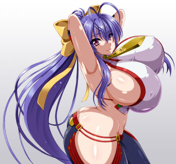 Rule 34 | 1girl, antenna hair, arc system works, arms up, ass, backless outfit, blazblue, blazblue: central fiction, blazblue remix heart, blue hair, bow, breasts, butt crack, closed mouth, commentary, covered erect nipples, cowboy shot, curvy, gloves, hair between eyes, hair bow, halterneck, highres, huge breasts, kumashiro izuta, long hair, looking at viewer, lowleg, lowleg pants, mai natsume, no bra, pants, ponytail, red eyes, revealing clothes, ribbon, sideboob, sidelocks, simple background, smile, solo, thighs, very long hair, yellow bow