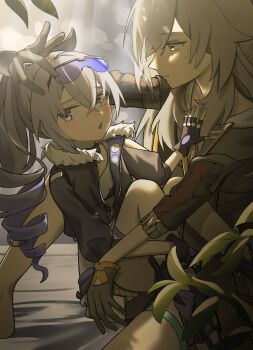 2girls absurdres between_legs black_gloves black_jacket blush commentary_request crop_top drill_hair drill_ponytail eyewear_on_head fingerless_gloves fishnet_shorts fishnet_socks fishnets fur-trimmed_jacket fur_trim gloves gradient_hair grey_eyes grey_hair height_difference highres honkai:_star_rail honkai_(series) jacket long_hair multicolored_hair multiple_girls pleia_illust ponytail purple_hair shirt short_shorts shorts silver_wolf_(honkai:_star_rail) single-shoulder_shirt single_drill sitting sitting_on_lap sitting_on_person socks stelle_(honkai:_star_rail) sunglasses thigh_strap trailblazer_(honkai:_star_rail) white_hair white_shirt yellow_eyes yuri