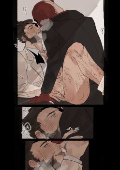 2boys after_kiss back beard black_jacket blush bottomless breath brown_hair commentary_request crying crying_with_eyes_open deadpool deadpool_&amp;_wolverine deadpool_(series) eyepatch facial_hair full-face_blush gloves green_eyes highres implied_sex jacket leg_hair long_sleeves male_focus marvel marvel mask multiple_boys muscular muscular_male necktie open_mouth pants patch_(wolverine) pectorals red_gloves red_mask saliva saliva_trail shirt short_hair tears teeth thighs tongue tongue_out wolverine_(x-men) wonpese x-men yaoi