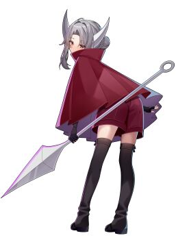 1girl absurdres adapted_costume alternate_costume alternate_eye_color ass ass_focus boots cloak commission commissioner_upload covered_mouth eyelashes fingerless_gloves from_behind full_body gloves hair_bun highres holding holding_polearm holding_weapon hollow_knight hollow_knight:_silksong hornet_(hollow_knight) horns humanization long_bangs long_hair long_sidelocks looking_at_viewer non-web_source petite pink_eyes polearm shorts sidelocks solo thigh_boots thighs transparent_background wayanfa weapon white_hair