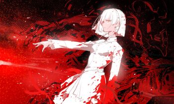 1girl armored_core armored_core_vi:_fires_of_rubicon ayre_(armored_core_vi) blunt_ends braid dress fromsoftware glowing las91214 outstretched_arm red_eyes short_hair solo standing white_dress white_hair