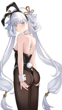 1girl alternate_costume animal_ear_hairband animal_ears ass_support back bare_shoulders black_leotard black_pantyhose blush bright_pupils closed_mouth colored_eyelashes commentary_request fake_animal_ears fake_tail hairband highres jinhsi_(wuthering_waves) leotard long_hair looking_at_viewer looking_to_the_side pantyhose playboy_bunny rabbit_ear_hairband rabbit_ears rabbit_tail shengwr simple_background solo tacet_mark_(wuthering_waves) tail twintails very_long_hair white_background white_eyelashes white_eyes white_pupils wuthering_waves