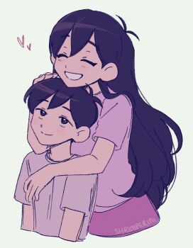 1boy 1girl alternate_costume antenna_hair artist_name black_hair blush brother_and_sister closed_eyes closed_mouth commentary double-parted_bangs english_commentary grey_shirt hair_behind_ear hand_on_another's_head heart highres hug hug_from_behind long_hair looking_at_another mari_(faraway)_(omori) mari_(omori) omori open_mouth pink_shirt shirt short_hair short_sleeves shrimperini siblings simple_background smile sunny_(omori) t-shirt white_background