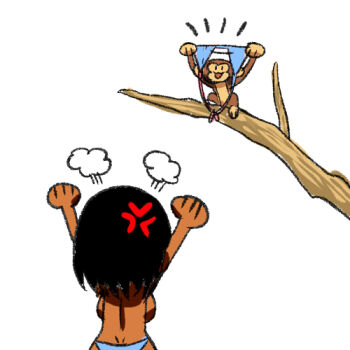 1girl arms_up arung_samudra_(cessa) backboob black_hair branch breasts censored_nipples cessa chibi convenient_censoring dark-skinned_female dark_skin from_behind lowres medium_hair monkey ombok_diving_and_delivery_services solo unworn_bikini_top upper_body white_background