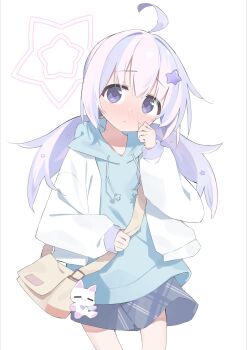 1girl absurdres ahoge aqua_hoodie bag blue_archive blush casual commentary_request grey_skirt halo highres hood hoodie jacket long_hair looking_at_viewer multicolored_hair nose_blush pink_hair purple_eyes purple_hair reisa_(blue_archive) shoulder_bag simple_background skirt solo star_(symbol) streaked_hair suta0822 twintails two-tone_hair white_background white_jacket