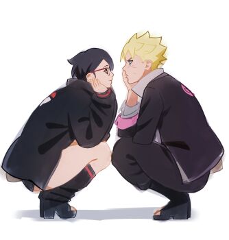 Rule 34 | 1boy, 1girl, absurdres, black hair, blonde hair, blue eyes, boruto: two blue vortex, boruto (series), facial mark, glasses, highres, jacket, looking at another, naruto (series), red-framed eyewear, short hair, smile, staring, uchiha sarada, uzumaki boruto, wahyuu draww, whisker markings