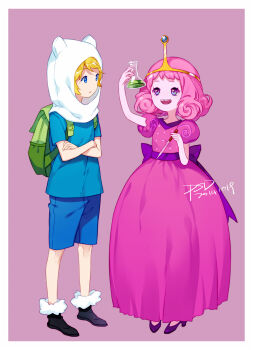 1boy 1girl adventure_time animal_hood artist_name backpack bag bear_hood black_footwear blonde_hair blue_eyes blue_shirt blue_shorts border cartoon_network colored_skin crossed_arms dated dress dropper erlenmeyer_flask finn_the_human flask flat_chest full_body hood looking_at_object no_nose pink_background pink_dress pink_hair pink_skin princess princess_bonnibel_bubblegum psd puffy_short_sleeves puffy_sleeves purple_footwear shirt short_sleeves shorts signature simple_background smile standing t-shirt tiara white_border