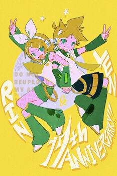 1boy 1girl :d anniversary aqua_eyes black_shorts blonde_hair bow character_name detached_sleeves full_body green_sailor_collar green_shorts grin hair_bow hair_ornament hairpin headset highres interlocked_fingers kagamine_len kagamine_rin leg_warmers looking_at_viewer midair multiple_hairpins navel neckerchief necktie no_nose open_mouth sailor_collar sasatake_(sasatakebe) shoes short_hair shorts smile v vocaloid watermark white_bow white_shoes yellow_neckerchief yellow_necktie yellow_trim
