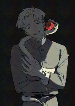 Rule 34 | 1boy, apple, belt, buttons, chi.: chikyuu no undou ni tsuite, closed eyes, commentary, food, fruit, grey background, greyscale, jacket, kadeart, male focus, monochrome, open mouth, rafal (chi.), short hair, simple background, snake, snake wrapped around body, solo, spot color, symbolism, untranslatable commentary, upper body