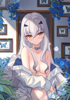 1girl blush breasts choker commentary_request fate/grand_order fate_(series) flower forked_eyebrows highres hoodier jacket long_hair long_sleeves looking_at_viewer melusine_(fate) naked_jacket off_shoulder sidelocks small_breasts smile solo white_hair white_jacket yellow_eyes