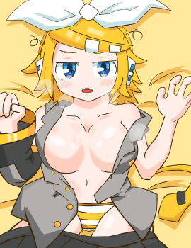 Rule 34 | 1girl, alternate breast size, blonde hair, blue eyes, blush, bow, breasts, hair bow, hair ornament, hairclip, headphones, highres, kagamine rin, large breasts, looking at viewer, lying, navel, no bra, no nose, on back, open clothes, open mouth, panties, poorly drawn, psboy, redrawn, short hair, solo, striped clothes, striped panties, underwear, vocaloid, white bow