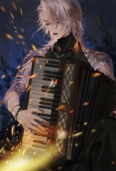 1girl absurdres accordion arm_tattoo bare_arms black_lips black_pants black_shirt bracelet campfire chinese_commentary closed_eyes commentary dong_feng_feng grey_hair highres instrument jewelry knee_up medium_hair music night outdoors pants parted_lips path_to_nowhere plant playing_instrument shirt shoulder_tattoo sleeveless sleeveless_shirt solo sparks tattoo turtleneck zoya_(path_to_nowhere)