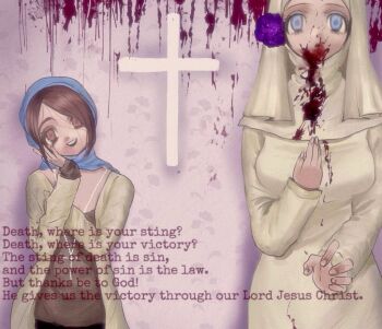 Rule 34 | 2girls, bible verse, blood, blood from mouth, blood on clothes, blood on face, blood splatter, blue eyes, blue headscarf, brown hair, cardigan, coif, cross, dress, empty eyes, english text, flower, fuquan9921, hair ornament, hand on own cheek, hand on own face, headscarf, horror (theme), jewelry, latin cross, looking at viewer, multiple girls, necklace, nun, open mouth, original, purple flower, rosary, short hair, smile, traditional nun, veil, white dress, white veil