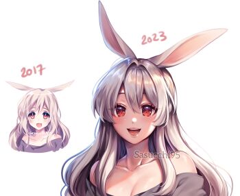 Rule 34 | 1girl, 2017, 2023, :d, aki (sasucchi95), animal ears, artist name, artist progress, backlighting, bare shoulders, blush, breasts, cleavage, collarbone, commentary, double-parted bangs, eyes visible through hair, grey hair, grey shirt, hair between eyes, hair intakes, highres, lips, long hair, looking at viewer, off-shoulder shirt, off shoulder, open mouth, original, portrait, rabbit ears, rabbit girl, red eyes, sasucchi95, shirt, sidelocks, simple background, smile, solo, symbol-only commentary, teeth, tongue, white background