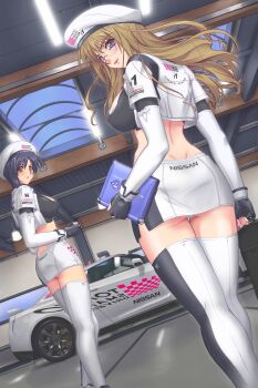 2girls beret blue_eyes blue_hair breasts brown_eyes brown_hair car cleavage_cutout clothing_cutout computer dimples_of_venus elbow_gloves fingerless_gloves from_behind glasses gloves gtr hat highres laptop large_breasts laughing_man_(gits) long_hair looking_back midriff motor_vehicle multiple_girls nissan nissan_gt-r panties r1 race_queen short_hair smile thighhighs underwear upskirt white_panties zettai_ryouiki