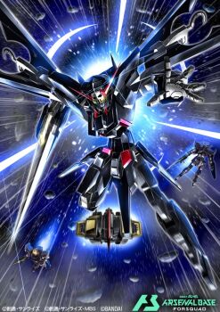 assault_visor copyright_logo copyright_notice g-exes_jackedge gundam gundam_age gundam_age-2_darkhound gundam_arsenal_base hook humanoid_robot lance logo mecha mobile_suit no_humans official_art one_eye_covered polearm robot shaldoll_rouge shimashun skull_ornament space spacecraft v-fin weapon yellow_eyes