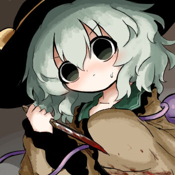 1girl black_hat blood collarbone commentary_request contrast_collar green_hair hair_between_eyes hat hat_ribbon heripantomorrow holding holding_knife knife komeiji_koishi long_sleeves looking_at_viewer ribbon shirt solo third_eye touhou upper_body wide_sleeves yellow_ribbon yellow_shirt