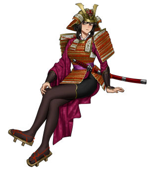 1girl absurdres arm_guards arm_support armor black_hair black_pantyhose brown_sandals closed_mouth commentary commission crossed_legs dou english_commentary full_body geta grey_eyes helmet highres japanese_armor kabuto_(helmet) katana kusazuri original pantyhose remora25 sandals sheath sheathed shoulder_armor sidelocks simple_background sode solo sword weapon white_background