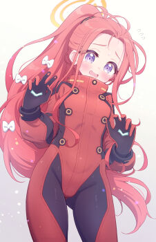 1girl absurdres blue_archive blue_eyes blush bodysuit bow commentary_request flying_sweatdrops forehead gluteal_fold hair_bow halo highres long_hair looking_at_viewer multicolored_bodysuit official_alternate_costume open_mouth orange_halo parted_bangs ponytail power_symbol purple_eyes red_bodysuit red_hair simple_background solo sweat sweatdrop two-tone_bodysuit v very_long_hair white_background white_bow wodaex yuzu_(blue_archive) yuzu_(pilot_suit)_(blue_archive)