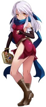 Rule 34 | 1girl, ass, bangle, bare shoulders, black gloves, blue scarf, blush, book, boots, bracelet, brown boots, commentary request, dress, elbow gloves, fingerless gloves, fire emblem, fire emblem: radiant dawn, from side, gloves, grey hair, hair between eyes, highres, holding, holding book, jewelry, karukan (monjya), long hair, micaiah (fire emblem), nintendo, orange eyes, pelvic curtain, purple dress, scarf, simple background, solo, standing, standing on one leg, white background