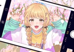 Rule 34 | 1girl, :d, absurdres, blonde hair, braid, cherry blossoms, claw pose, commentary, fujita kotone, gakuen idolmaster, hair ornament, hairclip, highres, idolmaster, iwashi0725, jacket, long hair, long sleeves, looking at viewer, open mouth, outdoors, shirt, smile, solo, solo focus, spring (season), taking picture, twin braids, upper body, yellow eyes