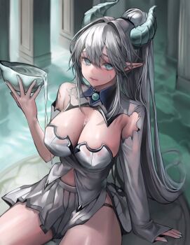 1girl blue_eyes bowl breasts cleavage collared_shrug cyanx503 dragon_girl dragon_horns grey_hair hair_between_eyes high_ponytail highres holding holding_bowl horns large_breasts long_hair off-shoulder_shirt off_shoulder original pleated_skirt pointy_ears ponytail scratches shirt shrug_(clothing) side_slit single_bare_shoulder sitting skirt sleeveless sleeveless_shirt solo spilling torn_clothes torn_shrug very_long_hair water white_shirt white_shrug white_skirt