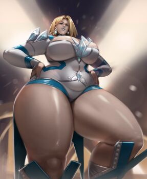 1girl 2025 alternate_breast_size_(larger) alterxsu arms_behind_head blonde_hair blue_choker blue_eyes blue_leotard blue_lips blue_nails blurry blurry_background bob_cut boots breasts choker commentary contrapposto covered_navel crossed_arms depth_of_field diamond_(gemstone) emma_frost emma_frost_(marvel_rivals) english_commentary feet_out_of_frame female_focus grin hands_on_own_hips highres huge_breasts legs_apart legs_together leotard light_smile long_sleeves looking_at_viewer looking_to_the_side marvel marvel_rivals multicolored_leotard parted_bangs parted_lips shiny_skin shoulder_pads smile solo split_screen title waist_cape white_boots white_leotard