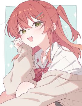 1girl blush bocchi_the_rock! border bow bowtie brown_cardigan cardigan commentary e20 green_eyes hair_between_eyes hair_ornament hairclip head_rest highres kita_ikuyo long_hair looking_at_viewer one_side_up open_mouth outside_border red_bow red_bowtie red_hair shirt sleeves_past_wrists solo unmoving_pattern white_border white_shirt