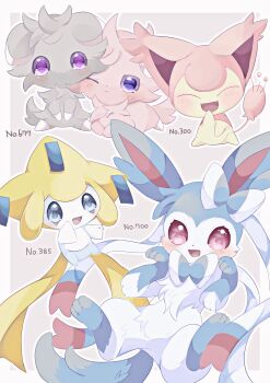 Rule 34 | alternate color, blue eyes, blush, commentary, espurr, gen 3 pokemon, gen 6 pokemon, highres, hoshimiii mi, jirachi, legendary pokemon, mythical pokemon, nintendo, no humans, open mouth, pink eyes, pokedex number, pokemon, pokemon (creature), pokemon focus, purple eyes, shiny and normal, shiny pokemon, skitty, smile, sylveon, symbol-only commentary